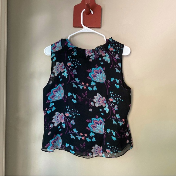 Anne Carson Beautiful Black & Blue Floral 100% Silk Tank Top M - Picture 6 of 7